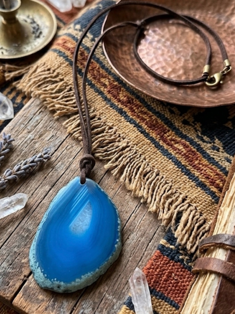 Artisan Blue Agate Pendant Necklace with Brown Cord